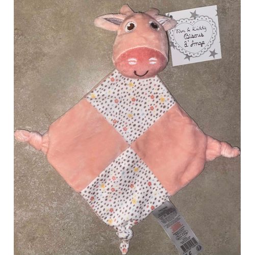 Doudou vache Tom & Kiddy rose fleurs Bisous d'ange peluche hochet mouchoir bebe losange