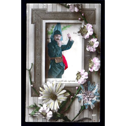 Carte Postale Ancienne, France, Patriotique, Militaire Dans Un Cadre, Fleurs