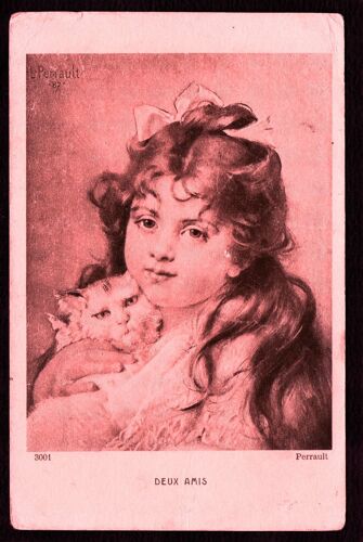 Carte Postale Ancienne, France, Perrault " Deux Amis ", Petite Fille Et Son Chat - Publicité Au Dos