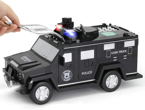 Tirelire, banque de voiture blindée, banque de pièces de monnaie avec lumière, voiture de jouet de tirelire électronique, excellents cadeaux d'anniversaire pour enfants Noir