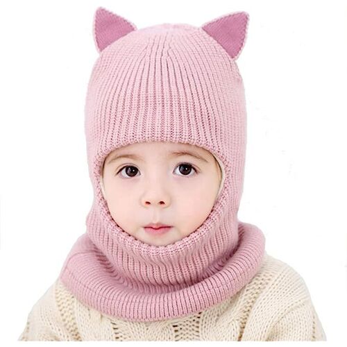 Bébé Filles Garçons Hiver Chaud Écharpe Châle Chapeau Tricot Mignon Visage Couverture Cagoule, Rose