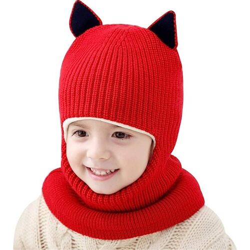 Bébé Filles Garçons Hiver Chaud Écharpe Châle Chapeau Tricot Mignon Visage Couverture Cagoule, Rouge