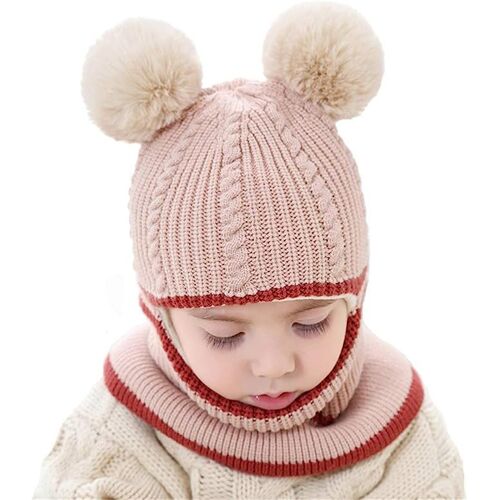 Bébé Filles Garçons Hiver Chaud Écharpe Châle Chapeau Tricot Mignon Visage Couverture Cagoule, Beige