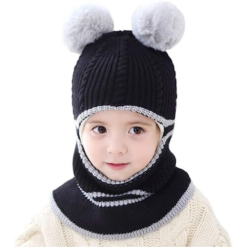 Bébé Filles Garçons Hiver Chaud Écharpe Châle Chapeau Tricot Mignon Visage Couverture Cagoule, Noir