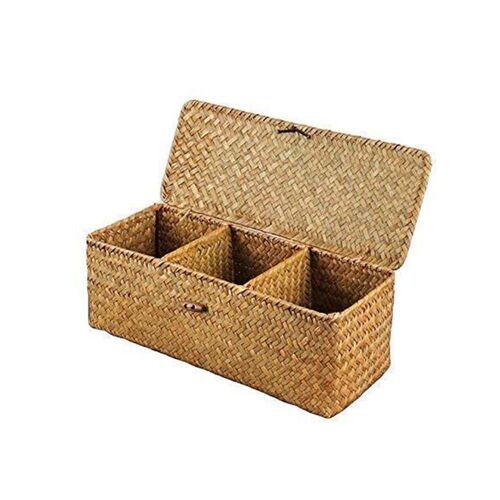 Boîte de rangement tissée à la main, panier de rangement, organisateur de maquillage, conteneur polyvalent avec couvercle