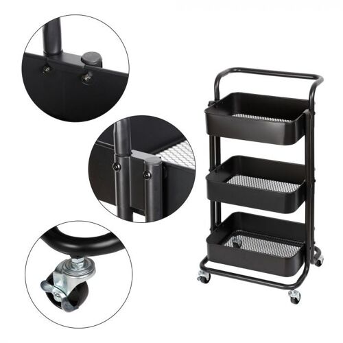 Bc-elec - HT2-SH3M-BLACK Chariot de Service à roulettes en métal, Desserte de cuisine, salle de bains, Servante 3 étages avec freins