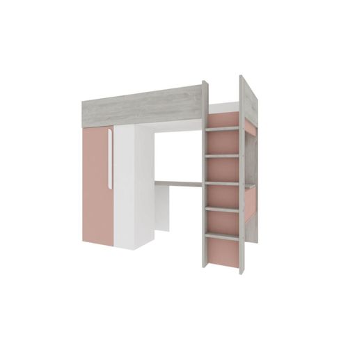 Lit Mezzanine Nicolas - 90 X 200 Cm - Avec Armoire Et Bureau - Rose Et Blanc