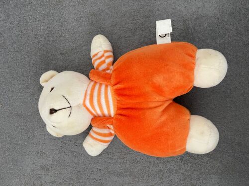 Peluche Doudou Ours Orange Salopette Grelot Bernaert