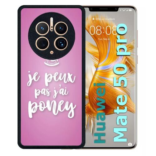 Coque Pour Huawei Mate 50 Pro - Je Peux Pas Jai Poney Fond Rose Pale - Silicone - Noir