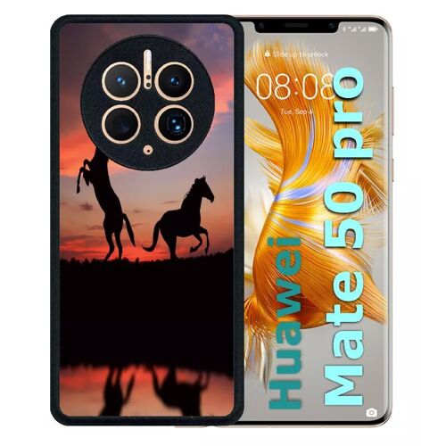 Coque pour huawei mate 50 pro - chevaux coucher de soleil - silicone - noir