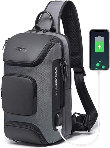 Sac à bandoulière décontracté, sac de poitrine pour homme, sac à bandoulière étanche avec chargement USB pour le cyclisme, l'aventure, les voyages, le sport (gris)