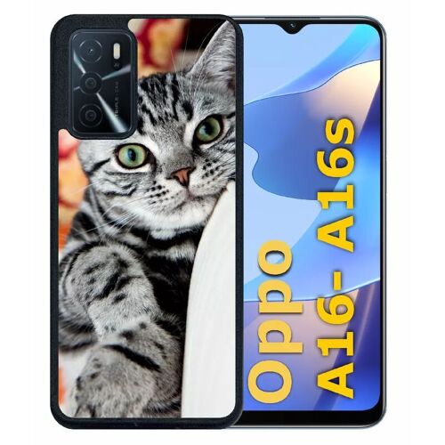 Coque Pour Oppo A16s - Chat Tigré Gris Yeux Vert - Silicone - Noir