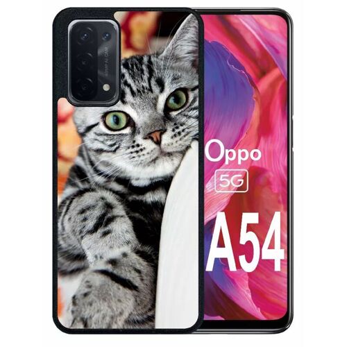 Coque Pour Oppo A54 5g - Chat Tigré Gris Yeux Vert - Silicone - Noir