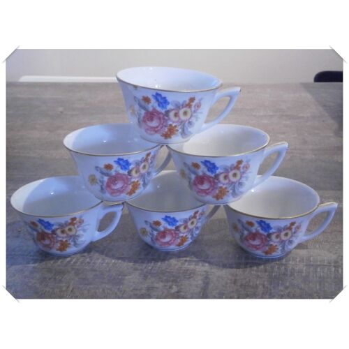 Lot De 06 Tasses À Café Porcelaine Motifs Fleurs Avec Dorure - Années 50