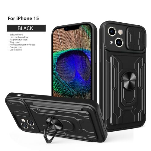 Coque pour iPhone 15 Couvercle Coulissant la Lentille Coque iPhone 15 magnetic ring Arrière de Téléphone Antichoc Dur - Noir