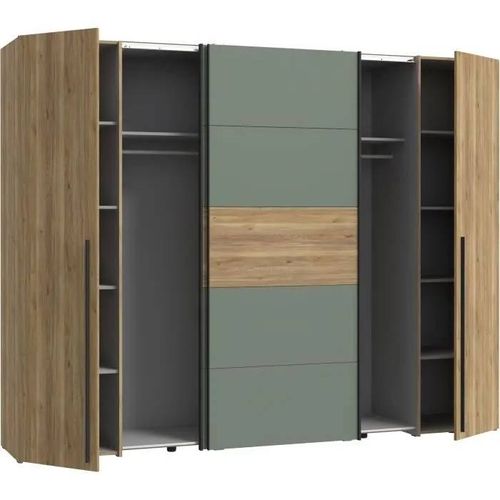 Armoire - Décor Chêne Et Vert Sauge - 2 Portes Battantes + 2 Portes Coulissantes - L270 X P61 X H210cm - Narago