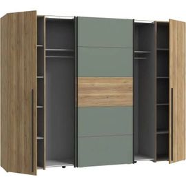 Armoire - Décor Chêne et vert Sauge - 2 portes battantes + 2 portes coulissantes - L270 x P61 x H210cm - NARAGO
