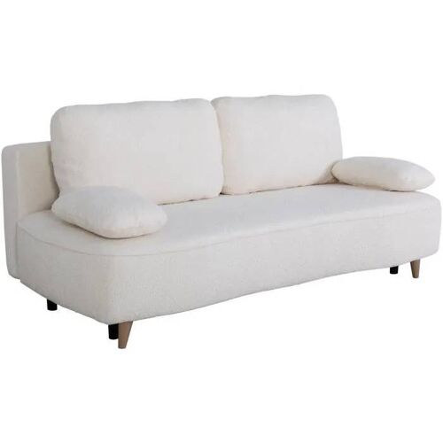 Canapé converible - 3 places - PYLA - Bouclette blanche - Coffre - 203 x 95 x 89 cm