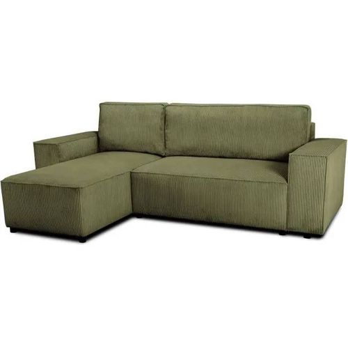 Canapé D'angle Convertible Réversible - 4 Places - Josh - Tissu Velours Cotelé - Kaki - Coffre - 242 X 155 X 86 Cm