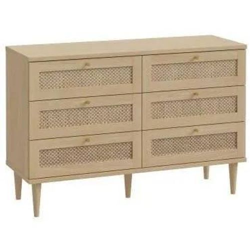 Commode - 6 Tiroirs - Décor Chêne - Cannage - L120 X P41,4 X H80 Cm - Calasetta