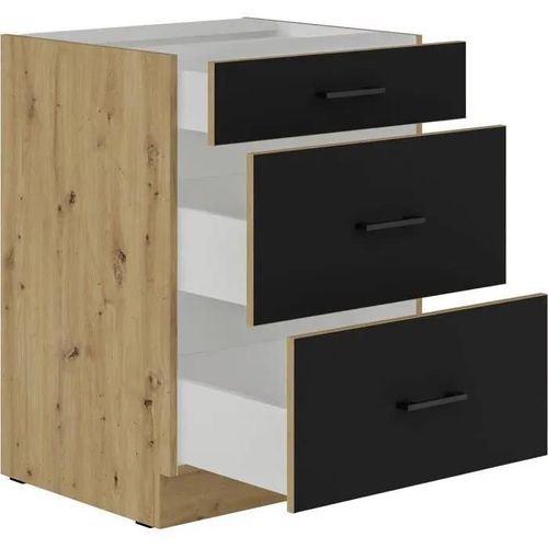 Modena - Meuble Bas Casserolier - 3 Tiroirs - 60 X 52 X 82 Cm - Chêne Artisan / Noir Mat - Plan De Travail Non Inclus