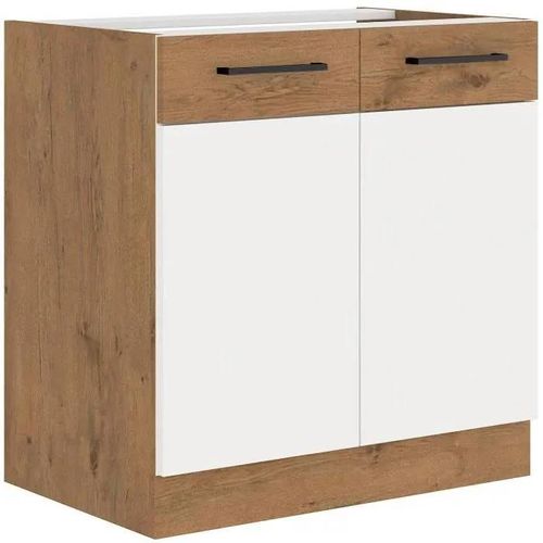 Rock - Meuble Bas - Mélaminé Decor Chêne Lancelot Et Blanc - 80 Cm - 2 Portes Battantes - Plan De Travail Non Inclus