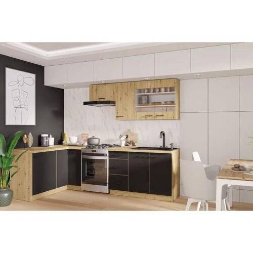 MODENA - Cuisine complète - 210 x 150 x 82 cm - Chêne artisan / Noir mat - Plan de travail non inclus
