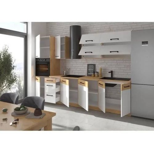 ROCK - Cuisine complète - Mélaminé chêne Lancelot et Blanc brillant - 300 cm - Plan de travail non inclus
