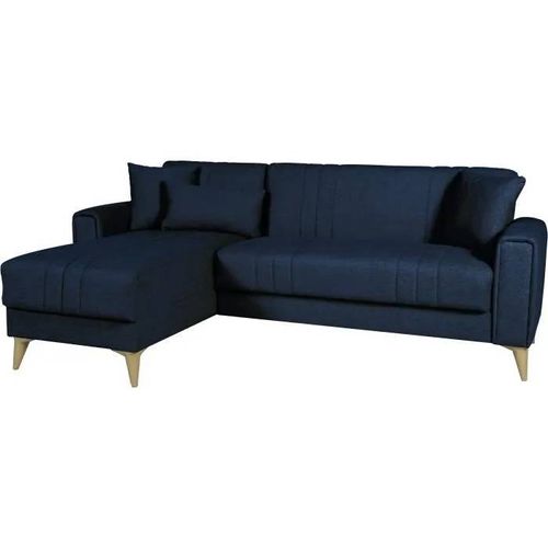 Canapé D'angle Convertible Réversible - 3 / 4 Personnes - Omega - Tissu Bleu Foncé - Coffre - 3 Coussins - 225 X 81/151 X 84 Cm