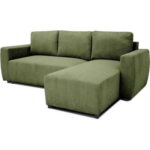 Canapé D'angle Convertible Réversible 3 / 4 Places - Pharell - Tissu Velours Côtelé Kaki - Coffre - 224 X 155 X 85 Cm