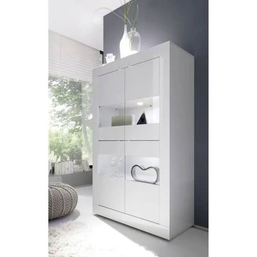 Vitrine - Basico - 4 Portes - Blanc Laqué Brillant - 101 X 42 X 161 Cm