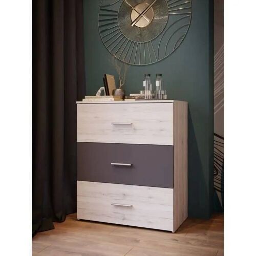 Commode - ADRIA - 3 tiroirs - Chêne cendré / Gris uni - L75x P41 x 90 cm