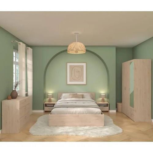 Chambre Complète Adulte Varia - Lit 140x190/200 + 2 Chevets + 1 Commode + 1 Armoire Avec Miroir - Décor Chêne - Parisot