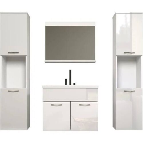Salle de bain complète - Blanc brillant - 2 colonnes à suspendre + Meuble vasque + miroir - HAVEN