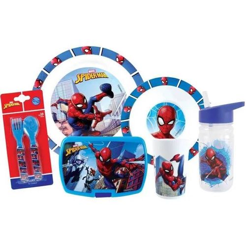 Lot Vaisselle - Fun House - Spiderman - Verre, Assiette Ø22 Cm Et Ø16 Cm, Couverts, Gourde Et Boite Goûter