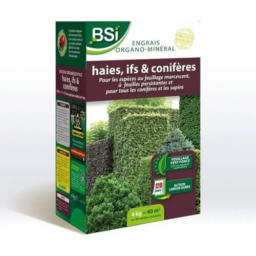 Bsi - Engrais Organo-Minéral - Bio - Haies, Ifs, Conifères - Pour Feuillages Persistants Et Conifères - Longue Durée - 4kg - 40m²