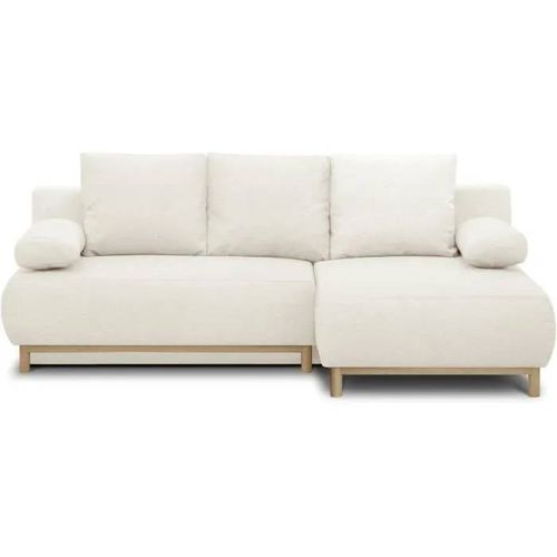 Canapé D'angle Droit Convertible - 3 Places - Mika - Tissu Bouclettes Écru - Coffre De Rangement - 192 X 84 X 93 Cm
