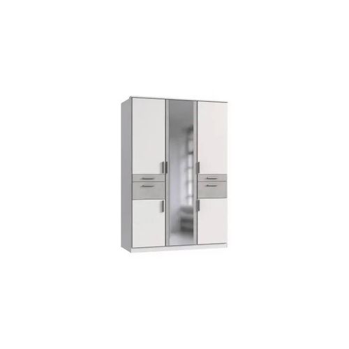 Armoire Décor Blanc & Gris Béton - 5 Portes Battantes - Miroir - 4 Tiroirs - L135 X P58 X H199 Cm - Volos