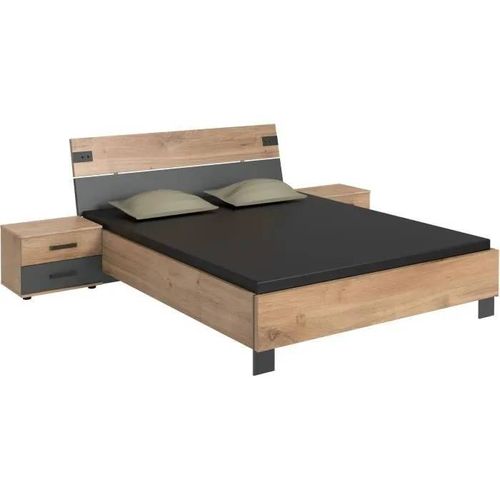 Lit Avec Paire De Chevet À 2 Tiroirs - Lamia - 160 X 200 Cm - Chêne Poutre / Graphite - Wimex