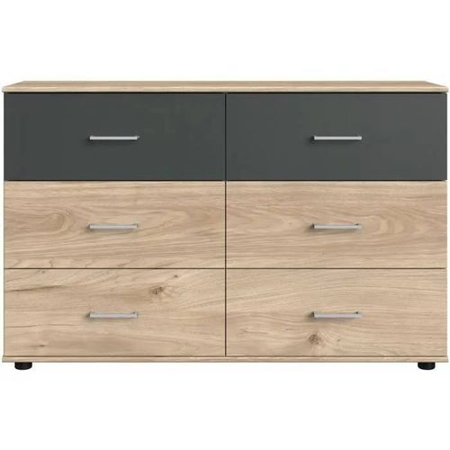 Commode Rhodes - 6 Tiroirs - Décor Chêne Et Gris - L130 X P41 X H83 Cm
