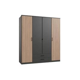 Armoire Agia - Décor Gris Et Chêne - 4 Portes Battantes + 2 Tiroirs - L180 X H199 X P58 Cm