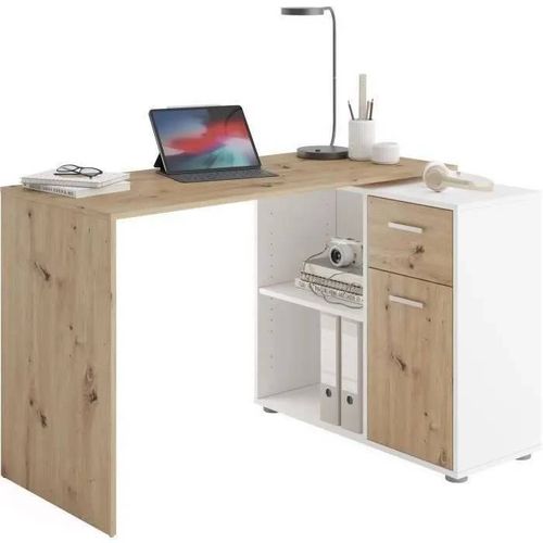 Bureau D'angle Avec Rangements Albrecht - Mélaminé Chêne Et Blanc - L83 X H74 X P117 Cm