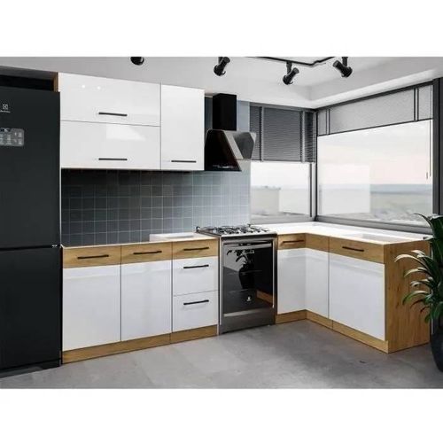 ROCK - Cuisine complète d'angle - Mélaminé chêne Lancelot et Gris matera - 270 x 150 cm - Plan de travail non inclus