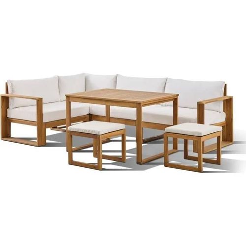 Salon De Jardin D'angle Modulable Levata Dining - Bois D'acacia Fsc - 7 Personnes - Blanc Cassé + Housse Incluse