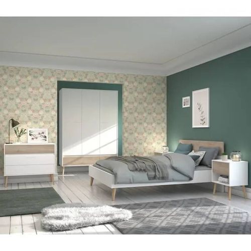 Chambre Complète - Aalborg - Scandinave - Blanc / Chêne - Lit 140 X 190 Cm, 2 Chevets, Commode, Armoire - Parisot