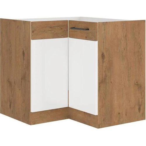 Rock - Meuble Bas D'angle - Mélaminé Chêne Lancelot Et Blanc Brillant - 89 X 89 Cm - Plan De Travail Non Inclus
