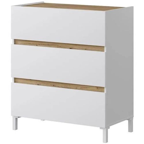Commode 3 Tiroirs - Décor Chêne Et Blanc - Finition Satinée - L79 X P41 X H90 Cm - Tempus