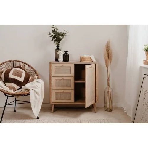 Commode - 3 Tiroirs - 1 Porte - Décor Cannage - L80,9 X H84 X P40 Cm