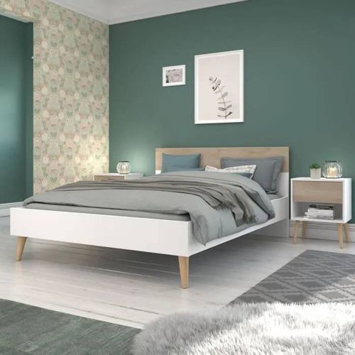 AALBORG Lit adulte 140x190 cm - Style Scandinave - Fabrication Française - Blanc et Chêne