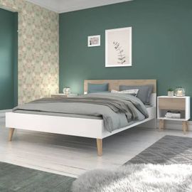 AALBORG Lit adulte 140x190 cm - Style Scandinave - Fabrication Française - Blanc et Chêne